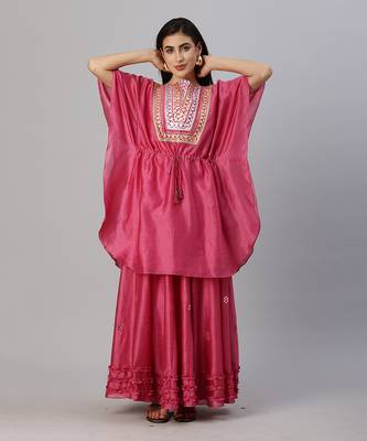 Rosewood pink with mirror work skirt set 1