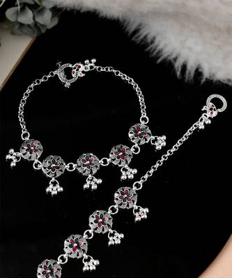 Silver plated oxidised floral chain anklets 2