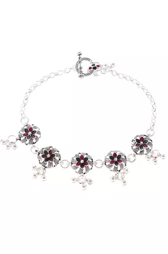 Silver plated oxidised floral chain anklets
