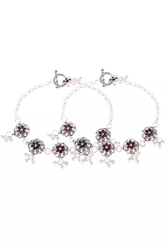 Silver plated oxidised floral chain anklets
