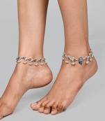 Silver plated oxidised red stone studded anklets
