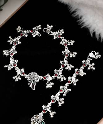 Silver plated oxidised red stone studded anklets 2