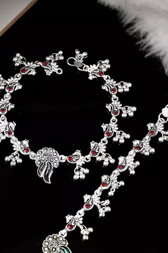 Silver plated oxidised red stone studded anklets