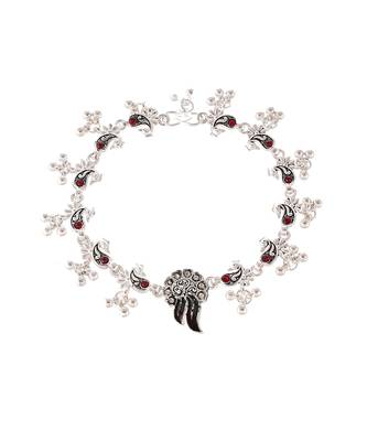 Silver plated oxidised red stone studded anklets 3