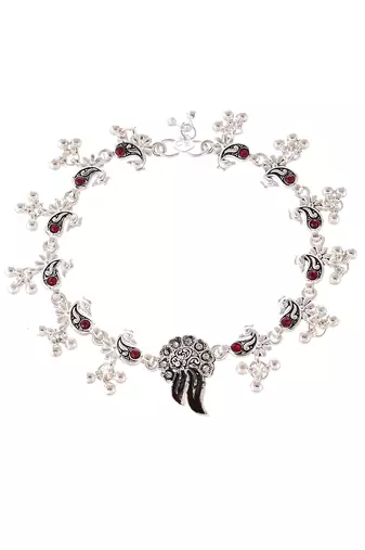 Silver plated oxidised red stone studded anklets