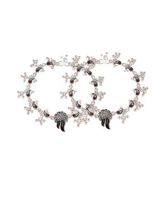 Silver plated oxidised red stone studded anklets 4