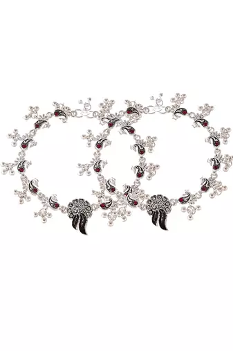 Silver plated oxidised red stone studded anklets
