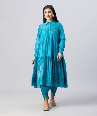 Turquoise blue tiered dhoti pant set 1