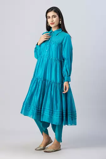 Turquoise blue tiered dhoti pant set