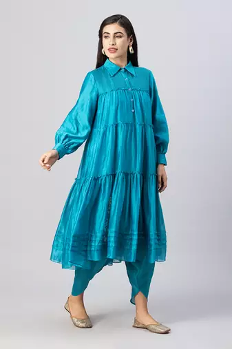 Turquoise blue tiered dhoti pant set