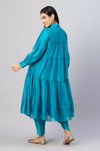 Turquoise blue tiered dhoti pant set