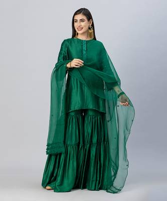 Emerald green tiered gharara set 1