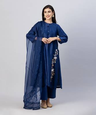 Brewers blue straight front open kurta set 1