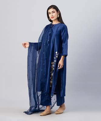 Brewers blue straight front open kurta set 2