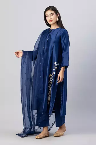 Brewers blue straight front open kurta set
