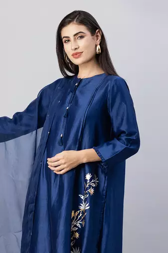 Brewers blue straight front open kurta set