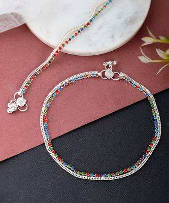 Silver plated multi cubic zirconia stone studded chain anklet 2