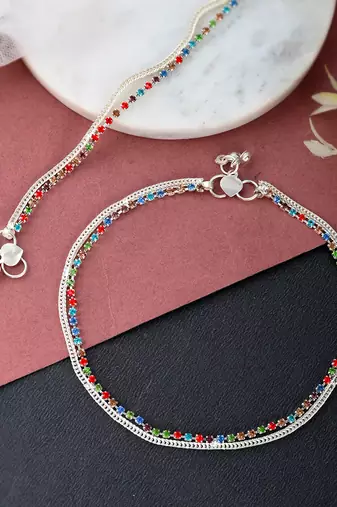 Silver plated multi cubic zirconia stone studded chain anklet