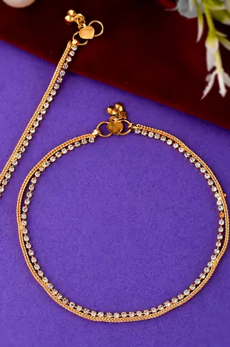 Gold plated white stone studded handcrafted chain anklet
