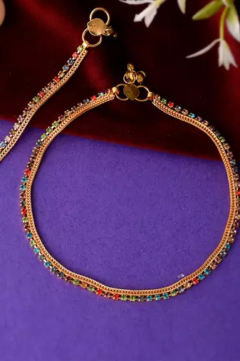 Gold plated multi stone studded chain ankle bracelet