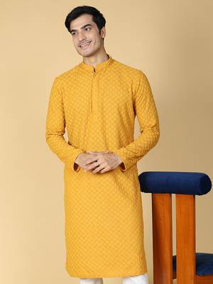 yellow embroidered kurta for men 1