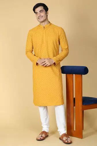 yellow embroidered kurta for men