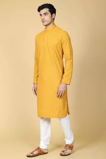yellow embroidered kurta for men