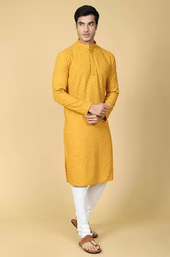 yellow embroidered kurta for men