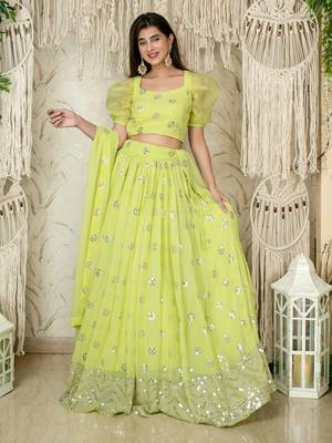 lime green sequins georgette lehenga set choli with dupatta 1