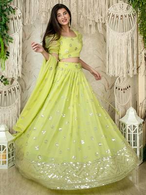 lime green sequins georgette lehenga set choli with dupatta 2