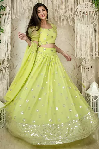lime green sequins georgette lehenga set choli with dupatta