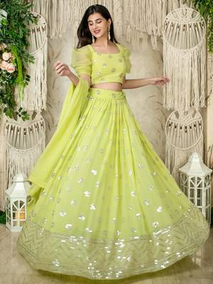 lime green sequins georgette lehenga set choli with dupatta 3