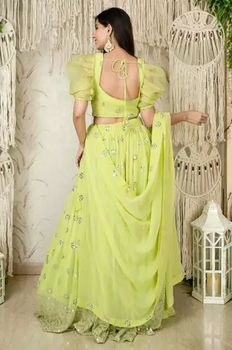 lime green sequins georgette lehenga set choli with dupatta