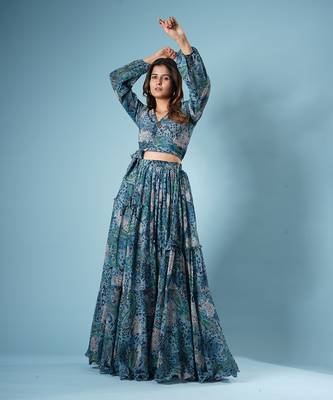 Blue Georgette Printed Skirt Set 1