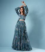 Blue Georgette Printed Skirt Set
