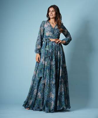 Blue Georgette Printed Skirt Set 2