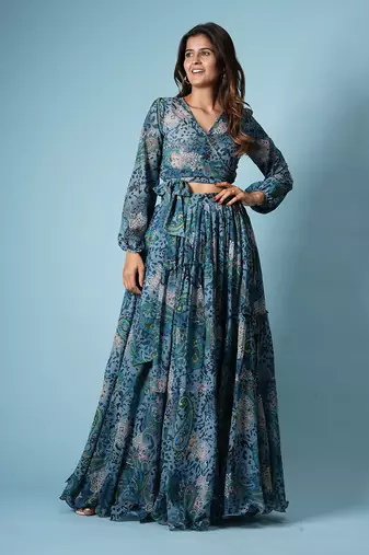 Blue Georgette Printed Skirt Set