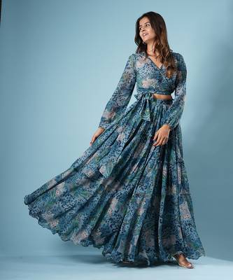 Blue Georgette Printed Skirt Set 3