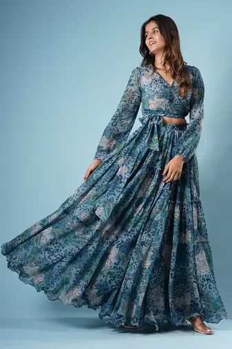 Blue Georgette Printed Skirt Set