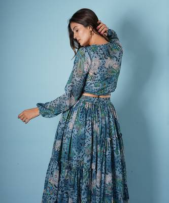 Blue Georgette Printed Skirt Set 5