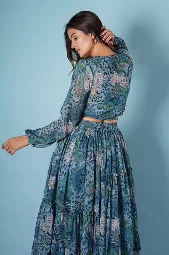 Blue Georgette Printed Skirt Set