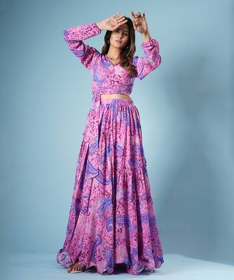 Flamingo pink digital printed lehenga set 1