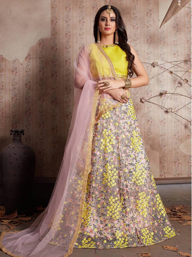 Pink & Yellow Semi-Stitched Myntra Lehenga & Unstitched Blouse with Dupatta