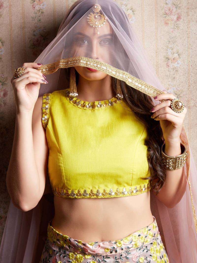 Pink & Yellow Semi-Stitched Myntra Lehenga & Unstitched Blouse with Dupatta