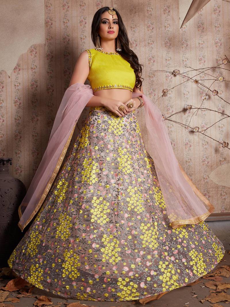 Pink & Yellow Semi-Stitched Myntra Lehenga & Unstitched Blouse with Dupatta