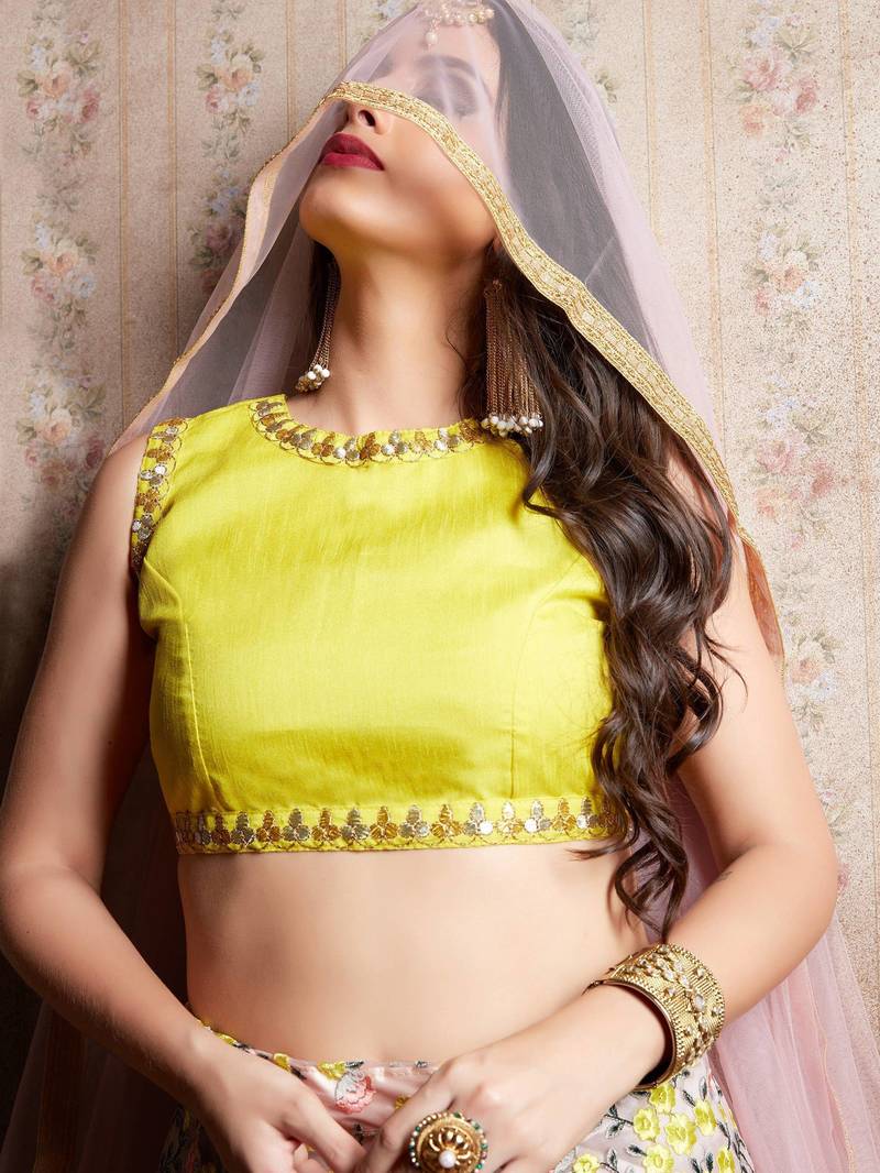 Pink & Yellow Semi-Stitched Myntra Lehenga & Unstitched Blouse with Dupatta