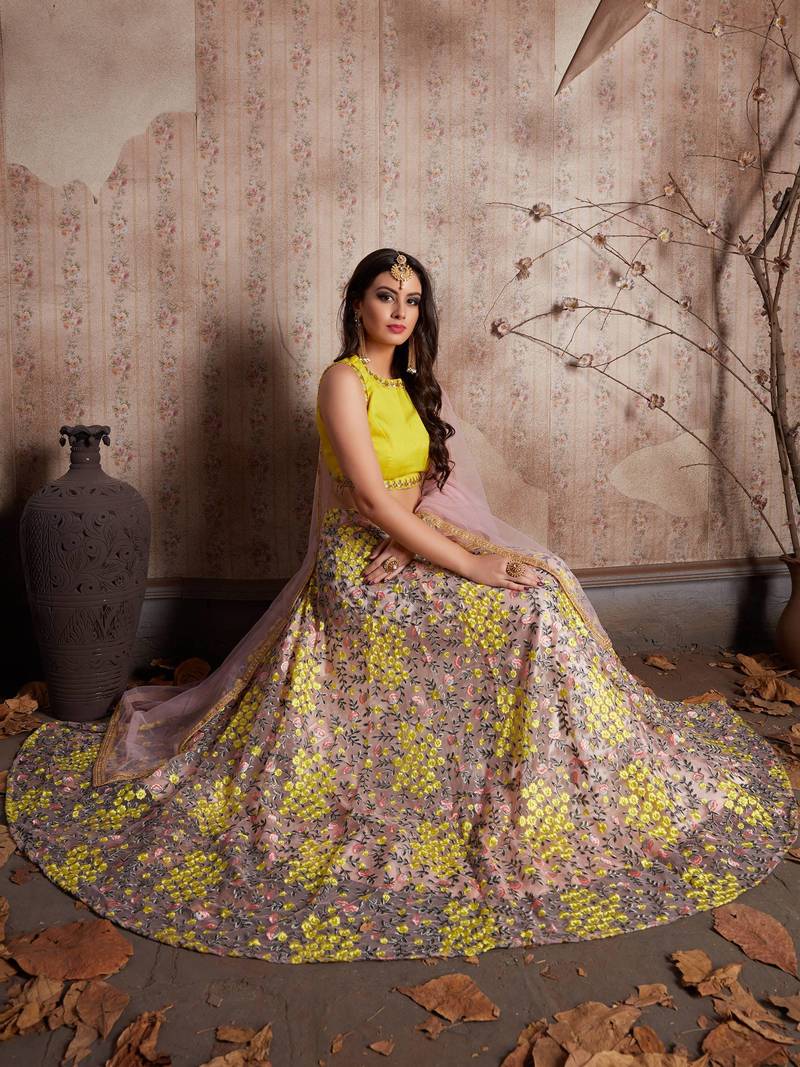 Pink & Yellow Semi-Stitched Myntra Lehenga & Unstitched Blouse with Dupatta