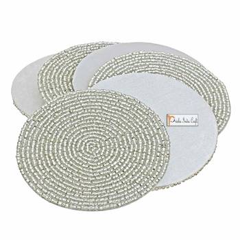Prisha India Craft Handmade Beaded Silver Tea Coaster, Diameter 4 Inch, Set of 6 1