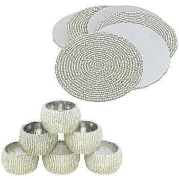 Prisha India Craft Silver Beaded Napkin Ring with Coaster Set, Set of 6 1
