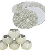 Prisha India Craft Silver Beaded Napkin Ring with Coaster Set, Set of 6